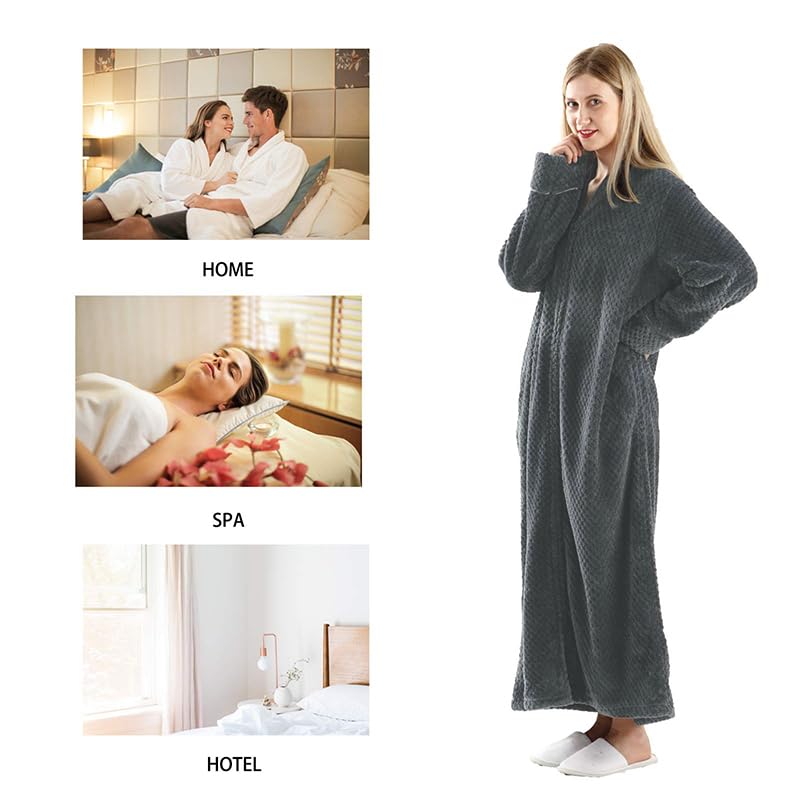 Oksun Womens Fleece Warm Robe: Cozy Flannel Long Zipper Bathrobe - Plush Winter Housecoat Nightgown (Gray, Medium) - Image 3